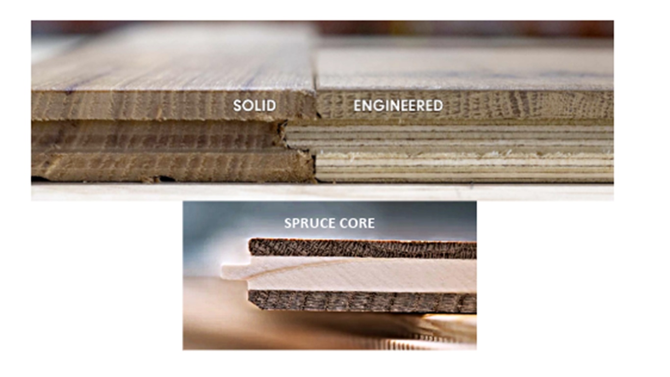 Image depicting solid vs engineered hardwood flooring. 