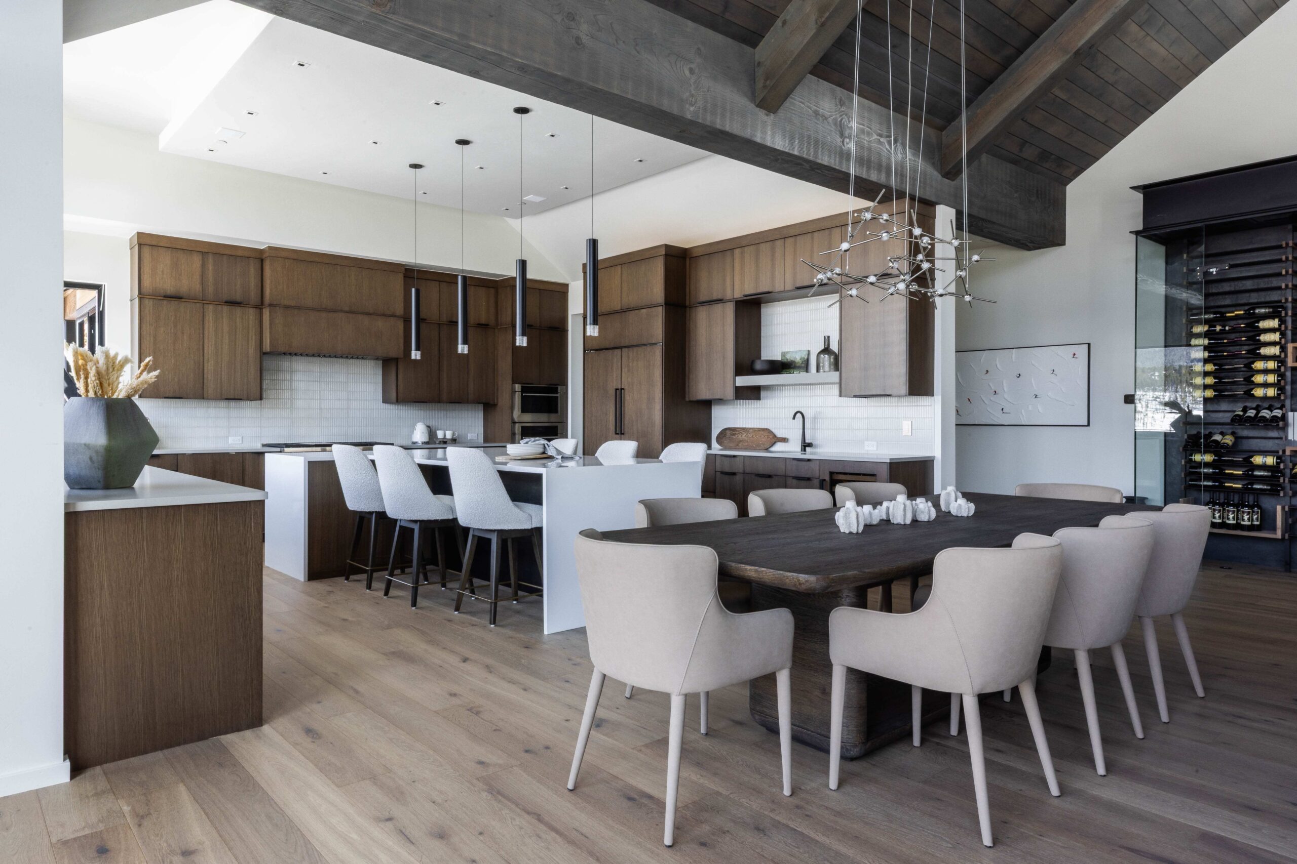 Scheucher Evia Purotec hardwood on a kitchen with a full dining table.