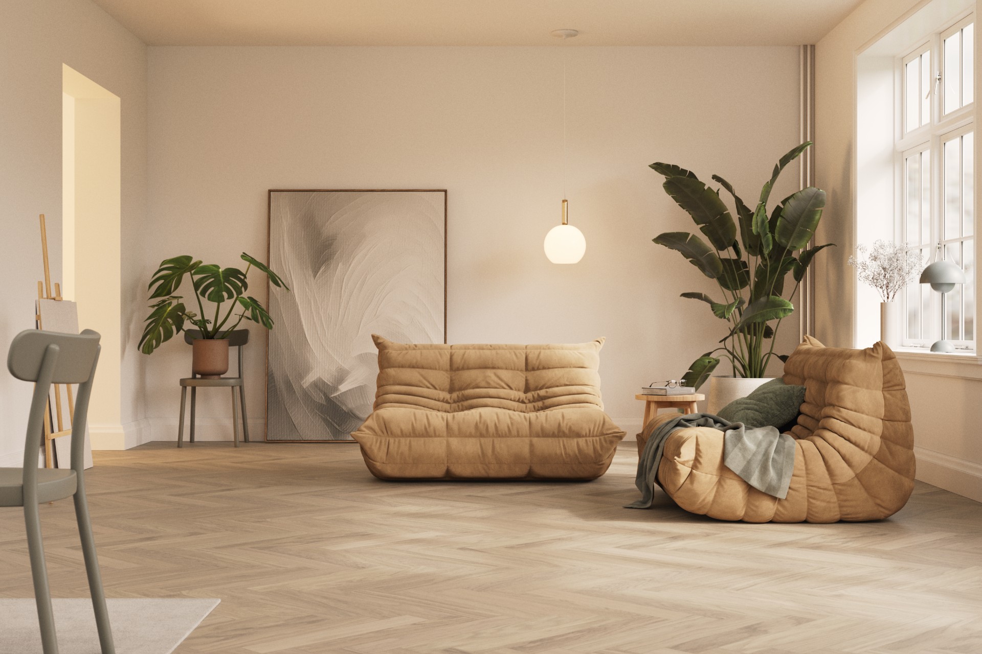 Living room showing a sofas, plants, and the bjelin hardened wood flooring.