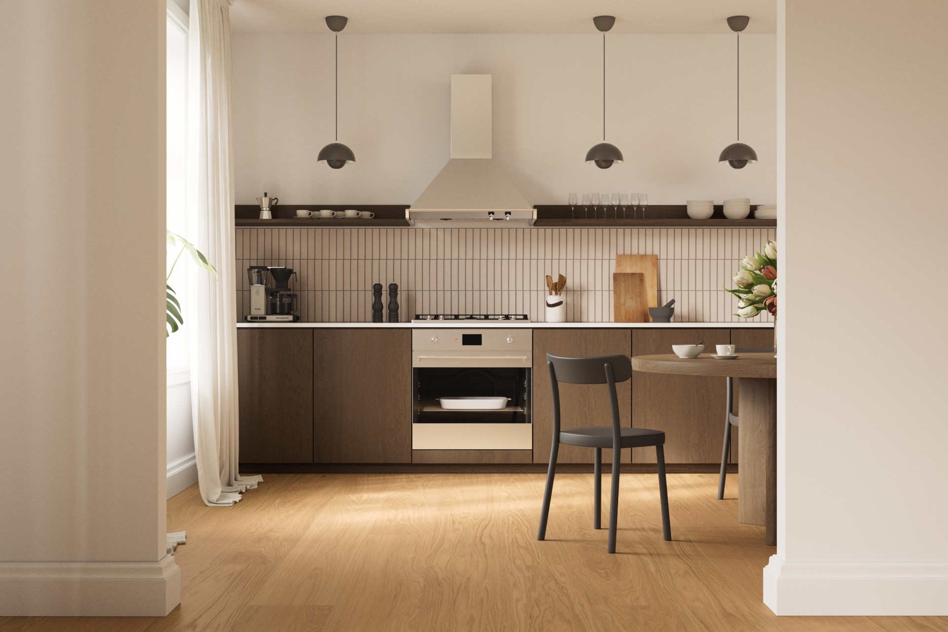 Brushed oak bjelin wide plan flooring in a kitchen.