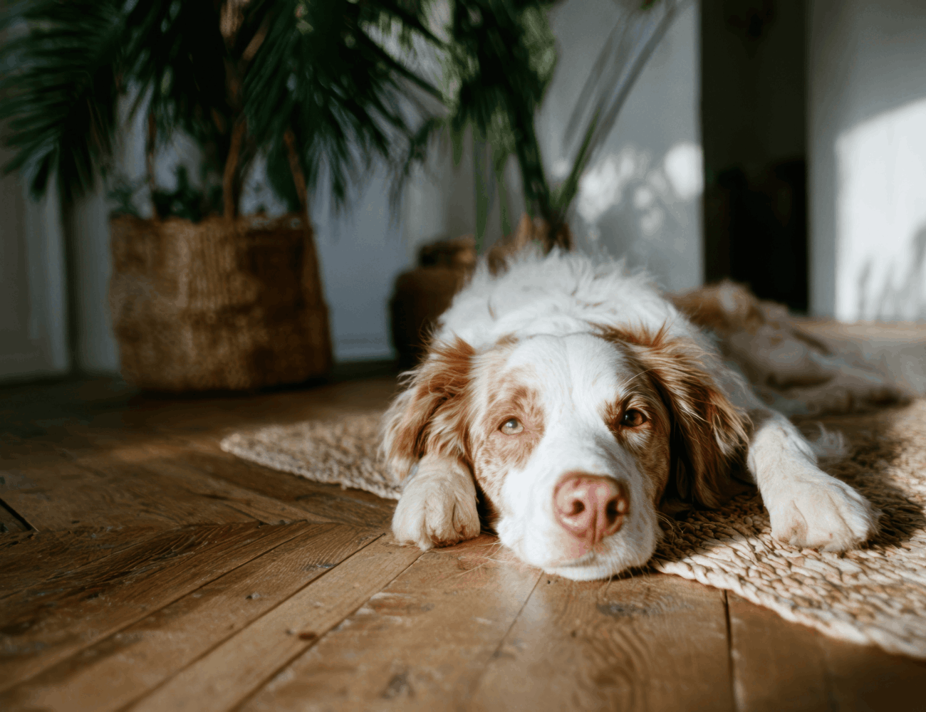 Dog relaxing on durable engineered hardwood flooring